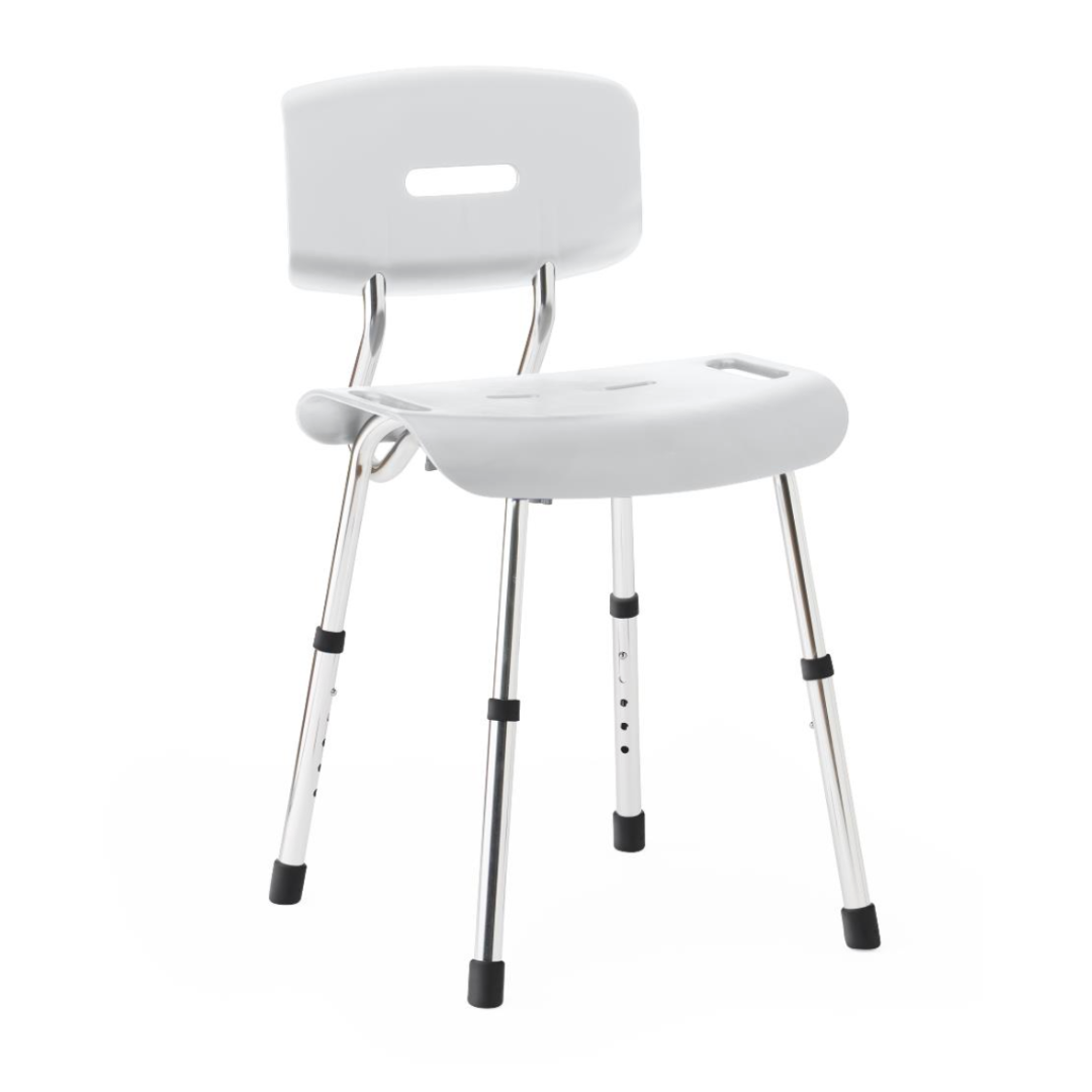 The Medline Modern Shower Chair with Backrest features an adjustable seat height, cut-out handles for easy movement, metal legs with rubber tips for stability, and Microban antimicrobial protection—all in a sleek white design.